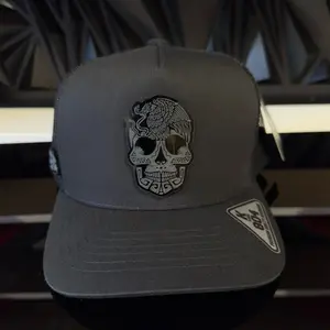 Skull Black Trucker Hat SnapBack Black Plate Cap with Skull Design