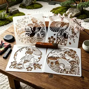 Traditional Japanese Element Stencils 4 Pack Reusable Geisha Cherry Blossom Fuji Mountain Templates for Wall Painting DIY Craft Fabric Art Decoration