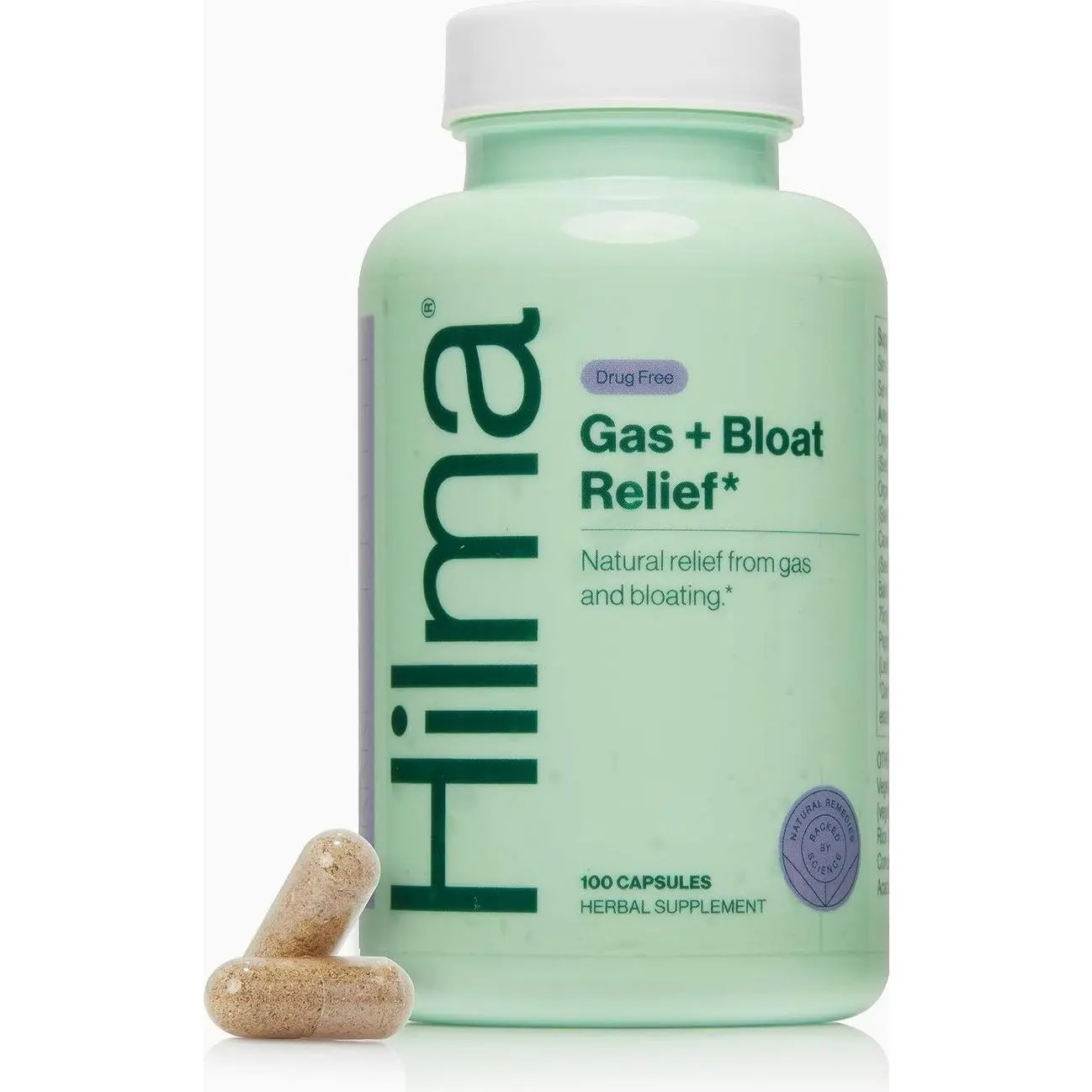 Hilma Natural Gas and Bloating Relief with Lemon Balm, Fennel & Peppermint Leaf, Doctor Formulated with Organic Ingredients, 100 Vegan Capsules