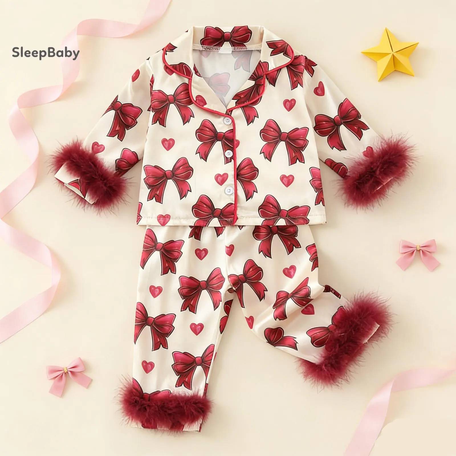 Girls' Satin Pajama Set, 2-Piece Casual Long Sleeve Clothes with Bow Print & Feather Cuffs, Toddler Sleepwear Outfit, Satin Infant Pjs, Pajamas Set