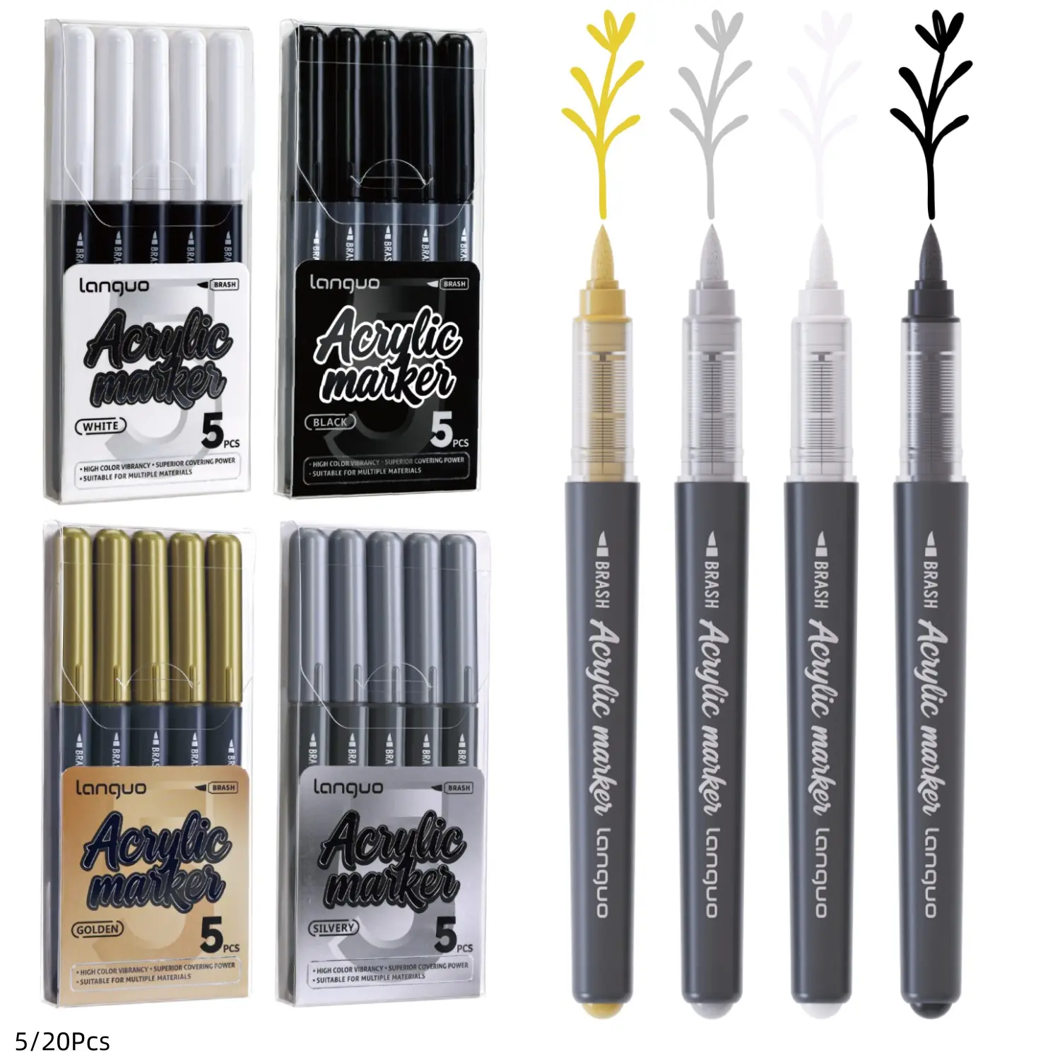 Acrylic Paint Pens Waterproof Markers 5Pcs Permanent Marker Pens Soft Bursh for Rock Painting Glass Stone Ceramic Metal Fabric Pebble Painting pens (Black, White, Gold, Silver)