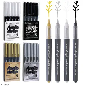 Acrylic Paint Pens Waterproof Markers Art Markers Brush Markers 5Pcs Permanent Marker Pens Soft Bursh for Rock Painting Glass Stone Ceramic Metal Fabric Pebble Painting pens (Black, White, Gold, Silver)