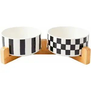 TRUVIC Ceramic Dog Bowl Set of 2 with Wood Stand, Black and White Checkered & Striped Dog Food and Water Bowl Set, 3.5 Cup/28 oz Elevated Puppy Food Bowls for Medium Dogs, Dishwasher Safe