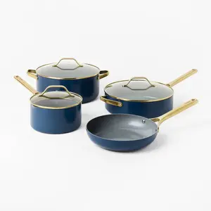 7pc Nonstick Ceramic Coated Aluminum Cookware Set with Champagne Handles Navy - Figmint