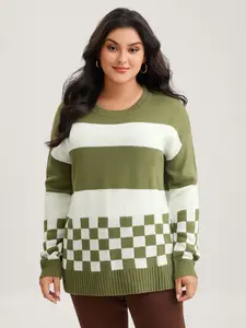 BloomChic Women's Crepe Knit Colorblock Contrast Round Neck Slit Hem Long Sleeve Drop Shoulder Fitted Knitwear Hoodie - Everyday Winter Fashion Style Top with Soft Shoulder Design Knitted Pullover Swimweek