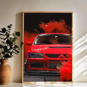 Red Mitsubishi Evo in Action with Smoke Wall Art Vintage Black and White Art Posters Funky Aesthetic Canvas Prints Retro Bar Cart Decor for Bar Bedroom