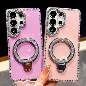 Candy Color Magnetic Folding Stand Protective Case For Samsung A16 A26 A36 A56 A17 A07 A15 A35 A55 S24 S25 FE S26 S25 Plus S23 Ultra 5G Glitter Diamond Shockproof Bracket Holder Cover