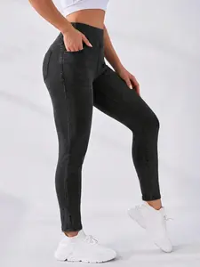 Women's high-waisted athletic jeans are tight and stretchy. Washed jeans, long pants, yoga pants, sweatpants, or stretchy pants for gym workouts, enhancing the buttocks, and butt-lifting pants High Stretch Leggings