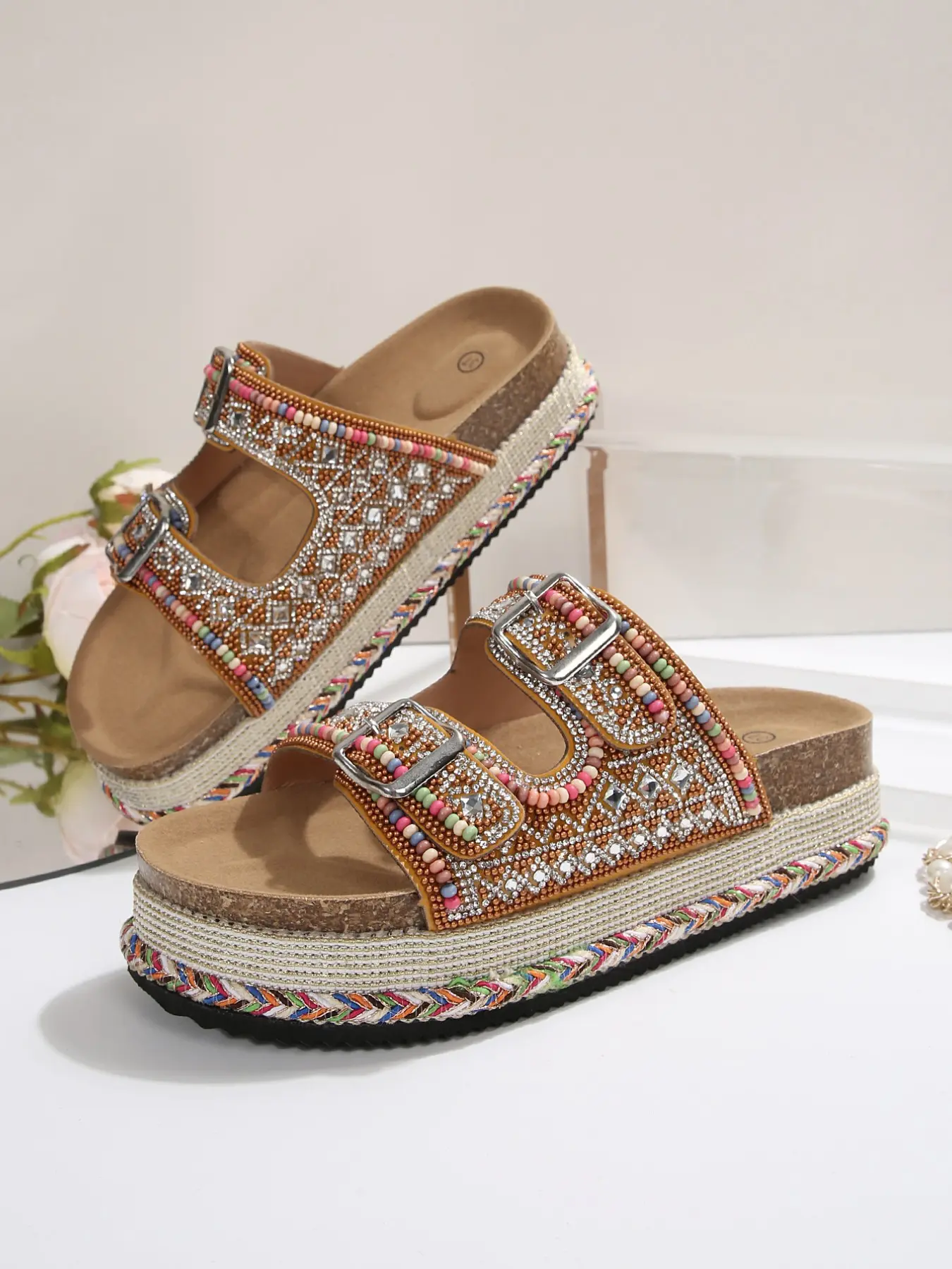 Summer Boho Thick Sole Sandals, Colorful Rhinestone Braided Edge Double Buckle Open Toe Flip Flops for Women, Beach Shoes for Vacation, Boho Style Sandal, Bohemian Trending Sandals