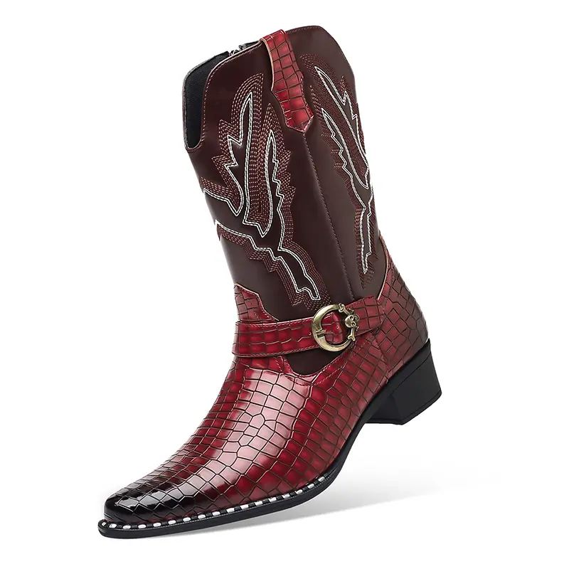 Men's Western Cowboy Mid-Calf Footwear, Contrast Stitching, Metal Buckle Strap - Non-Slip Block Heel for Country Outings, Parties