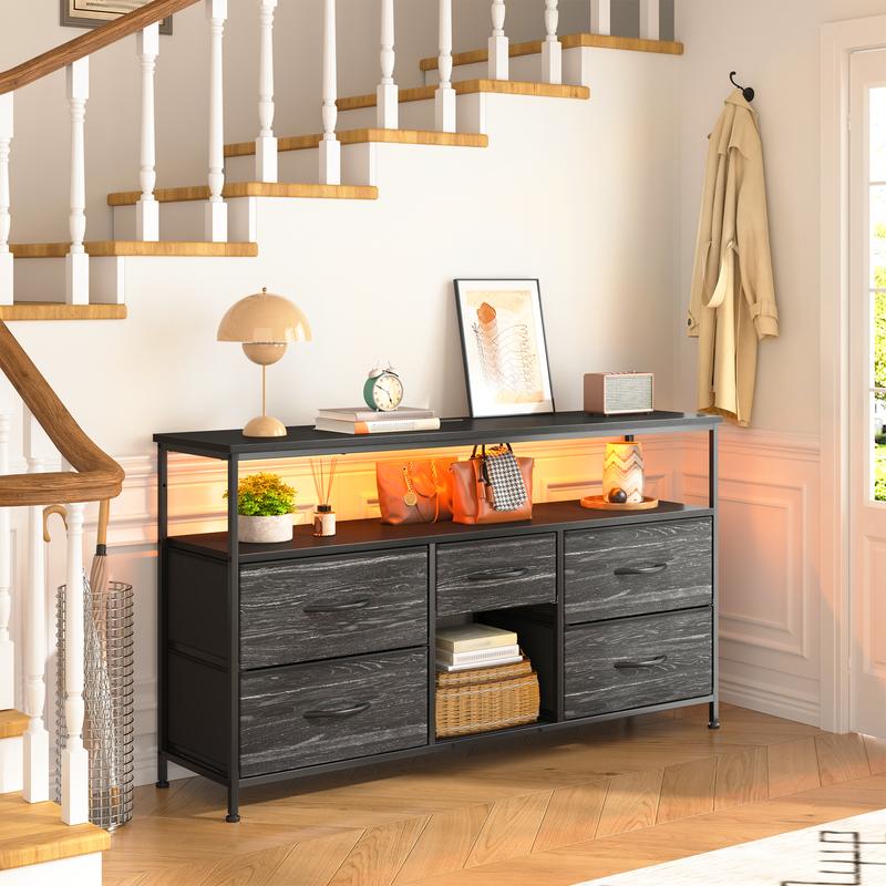 【Storage TV Stands】Raybee 30'' H Dresser with 5 Drawers,Old School & Chill Vibe TV Stands with Cabinets for Living Room with LED & Charge Station(2 USB Ports & 2 Power Outlets), Match 50 Inches TV,Combining Aesthetics with Practicality