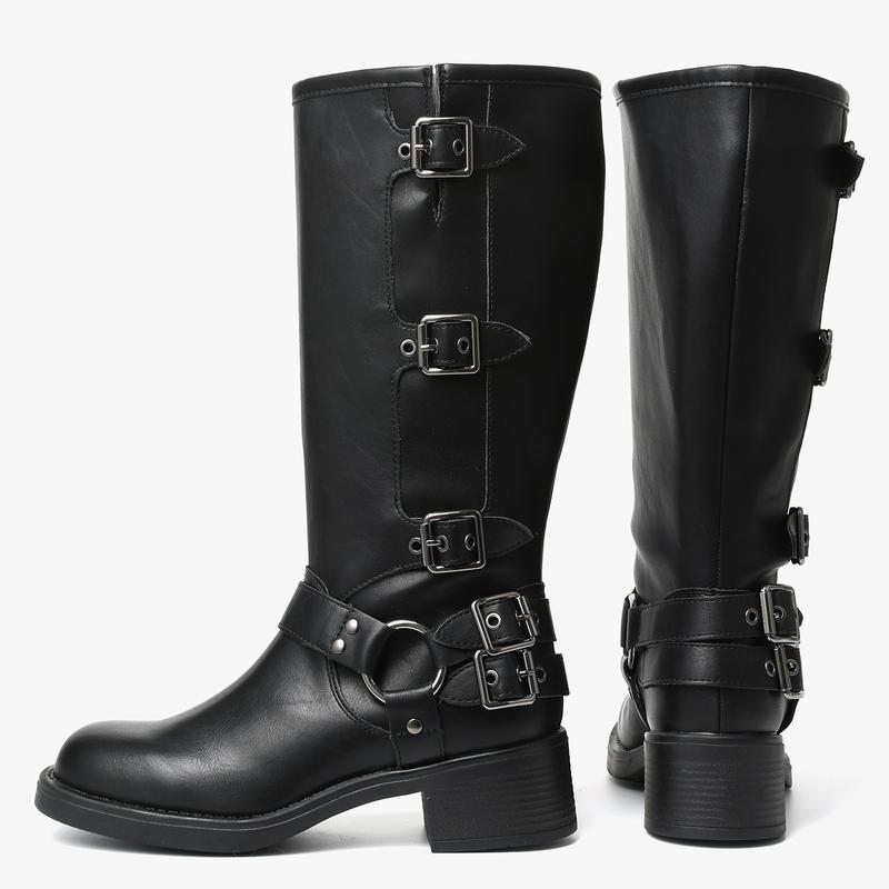 CELNEPHO Motorcycle Combat Boots Round Toe Chunky Block Vintage Heel Metal Buckle Design Pull on Rocky Boots Gift Party Riding Spring Valentine Fashion Dress Shoes