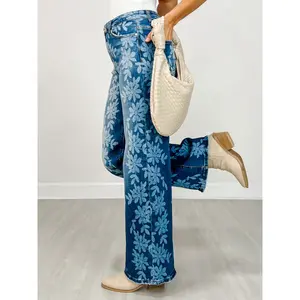 Daisy Digital Laser Print Stretch Wide Leg Jeans