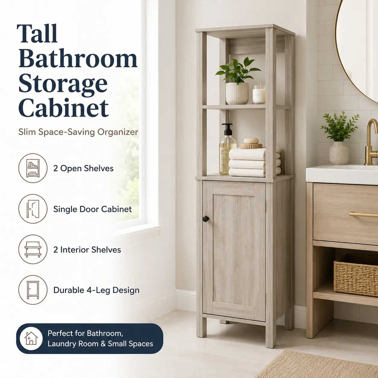 Freestanding Linen Cabinet - Single Door Light Gray Particle Board Bathroom Storage with Open Shelves, Space Saving Renter Friendly DIY Furniture for Towels, Toiletries, Small Room Ideas (Bedroom/Laundry Room Use)