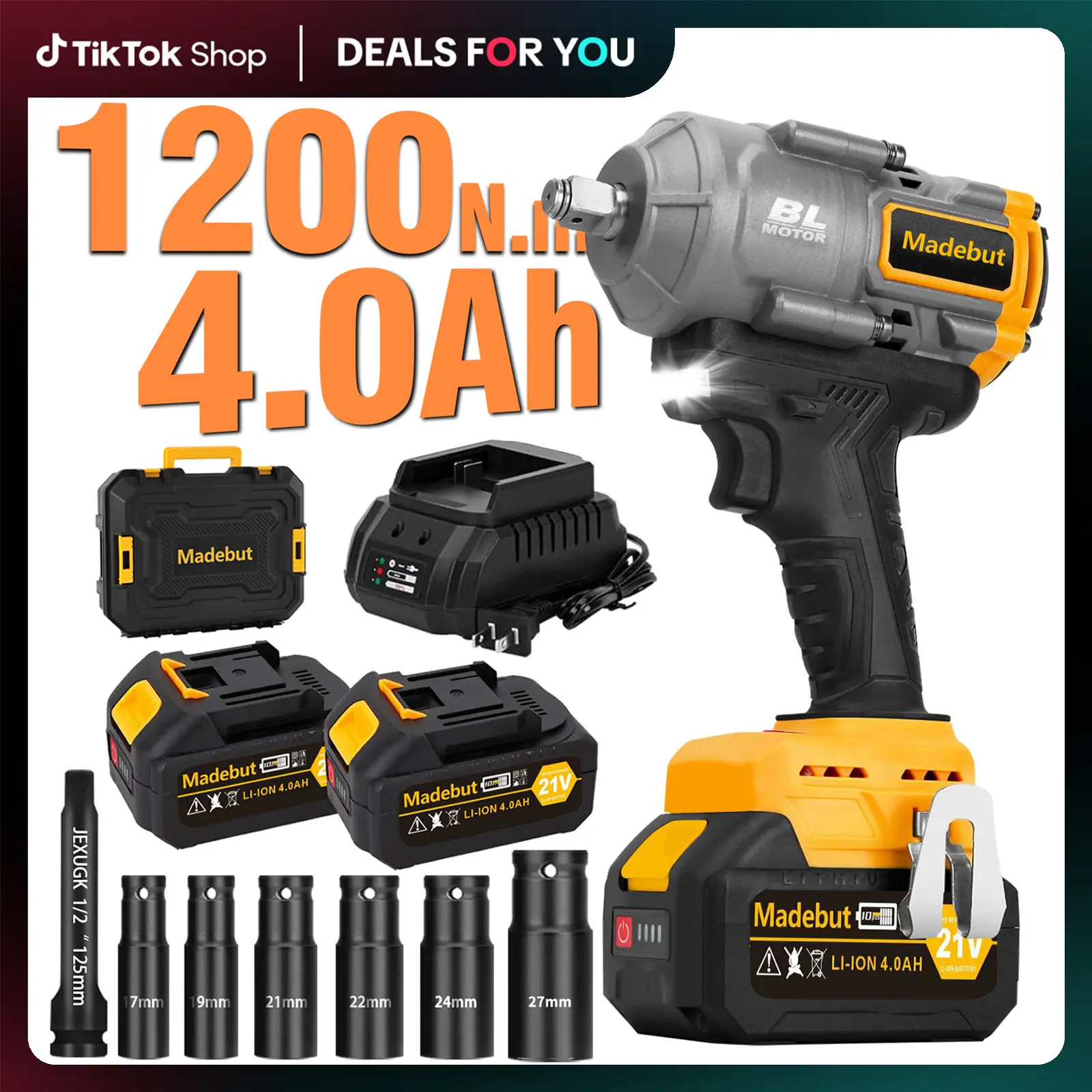 1200N.m Cordless Impact Wrench, 855Ft-lbs 1/2 inch Electric Impact Gun, High Torque Brushless Impact Wrench w/ 2x 4.0Ah Battery, Fast Charger & 6 Sock