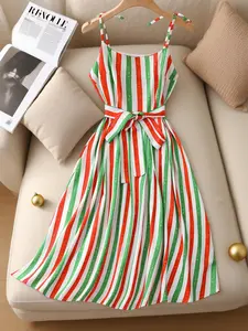 Vibrant Red Green Striped Midi Dress With Bow Belt Spaghetti Straps Summer Vacation Beach Party Casual Slim Fit Outfit Check Womenswear Chic Elegant Sleeveless cocktail lady club Wedding Light fashion clothing sydney sweety green dress new years outfits
