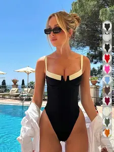 Women's Sexy V-Neck Colorblock One-Piece Swimsuit, Stretchy Swimwear, Elegant Design for Beach Vacation Party Date Night Wear