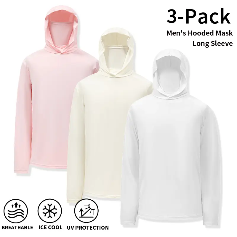 3-pack cool sun-protection long sleeves with face mask, stretch integrated face-covering hood, breathable quick-dry UV-resistant loose sun shirts, lightweight sun coats for daily cycling, running, and driving, basic solid shirts in multiple light shades