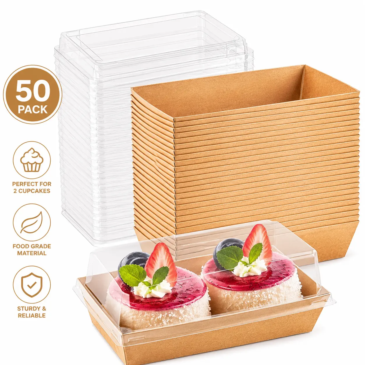 Paper Charcuterie Boxes with Clear Lids, 50 Pack Disposable Sandwich Containers, Small Kraft Bakery Treat Boxes for 2 Cupcakes, Muffins, Hot Cocoa Bombs, Strawberries, To Go Desserts Boxes