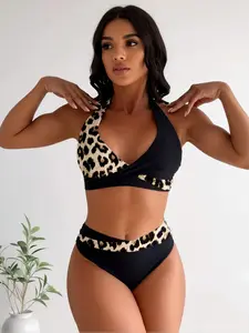 Leopard Print Halter Bikini Set - High Waisted Swimwear with Cross Front Detail