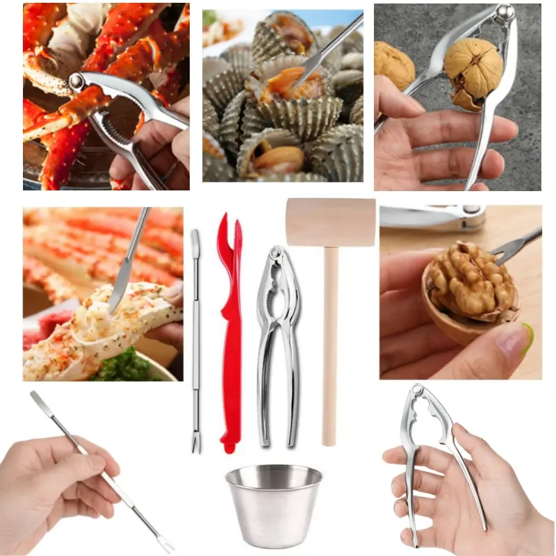 20pcs Durable & Dishwasher Safe Kitchen Metal Seafood Tools Set - Stainless Steel-Zinc Alloy Crab Leg Crackers, Lobster Cracker, Picks, Forks, Wooden Mallet, Sauce Cups, Boil Utensils for Crab, Walnut, Picnic