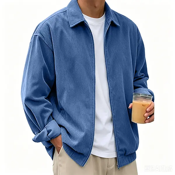 American casual corduroy zip jacket with notched lapel — available in three solid colors, elastic cuffs and hem; men’s layering outerwear top