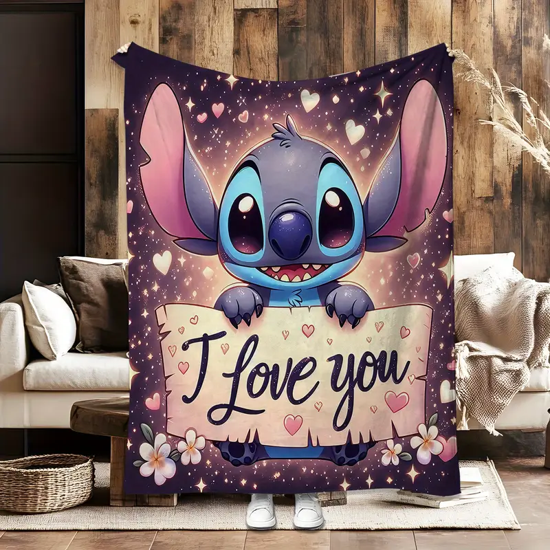 DISNEY CLASSIC Stitch Star & Heart Print Flannel Blanket - "I Love You" Cartoon Design, Soft, All-Season Cozy Throw Blanket