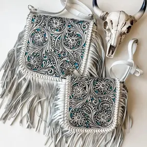 Western Genuine Leather Cowgirl Crossbody Messenger Fringe Laser Cut Purse Bag with Floral Embossed Design & Adjustable Strap