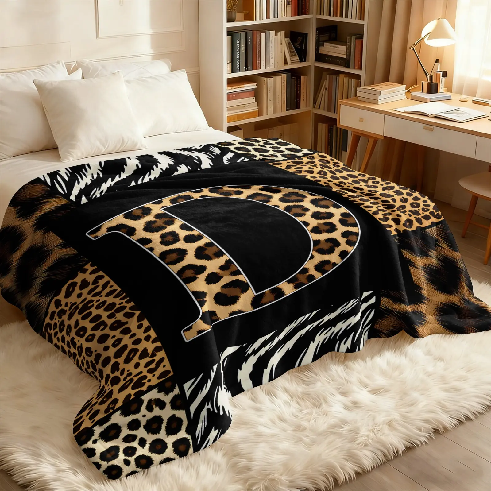 Personalized Leopard Print Monogram Letter D Flannel Throw Blanket, Printed Flannel Blanket, Lightweight Soft Blanket for Bed Sofa Couch, Lightweight Warm Blanket, Gift for Animal Print Lovers