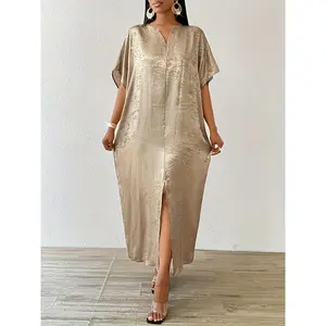 Women'S Elegant Beige Kaftan with Batwing Sleeves and Slit - Loose Fit, V-Neck, Polyester, Perfect for Beach, Holiday, and Party Wear, Beach Coverup Dress|V-neck Kaftan|Polyester Kaftan.