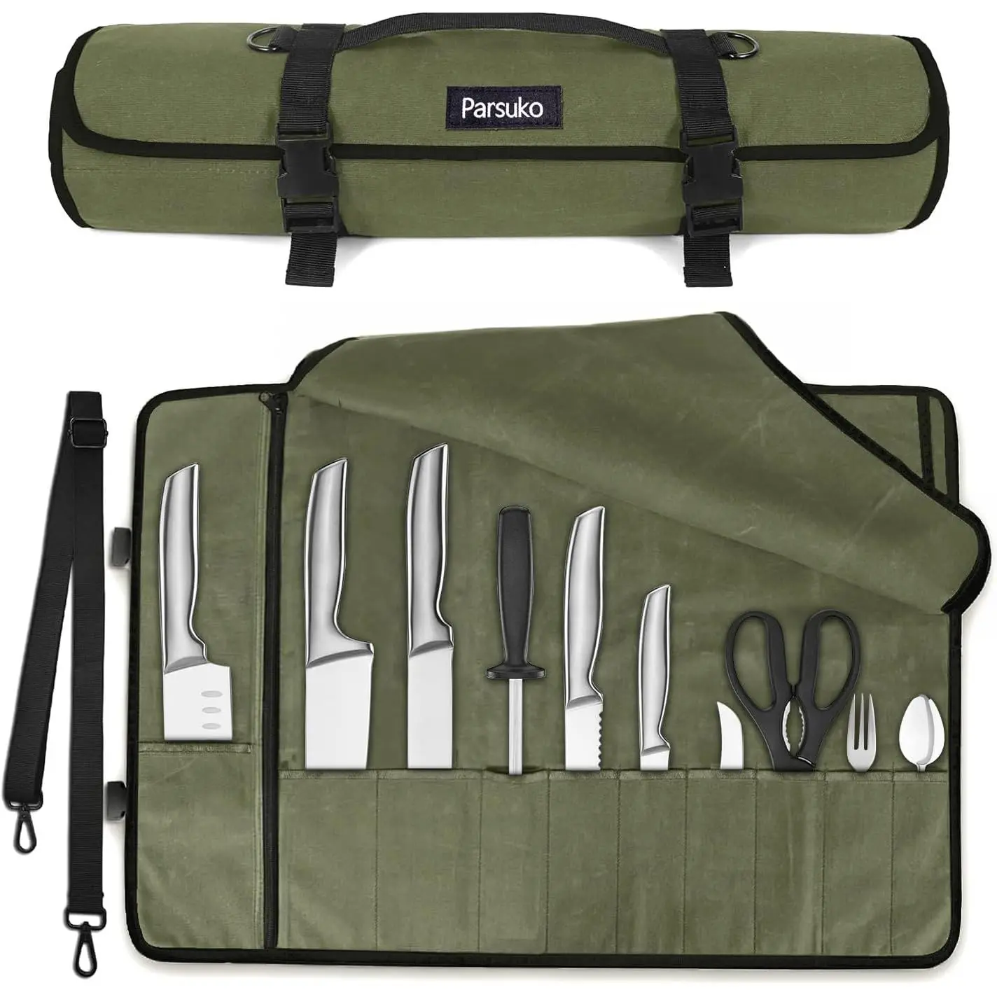 Chef Knife Roll Bag,Waterproof Waxed Canvas Knife Case Holds,Knives Roll Bags for Chefs Professional with Adjustable Strap,Chef Backpack with 10 Knife Slots and a Large Zippered Pocket