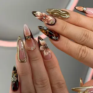 24 Pcs Almond Shape Press-On Nails, Removable Half-Handmade Fake Nails, Includes Nail File and Jelly Glue, Easy to Apply and Remove
