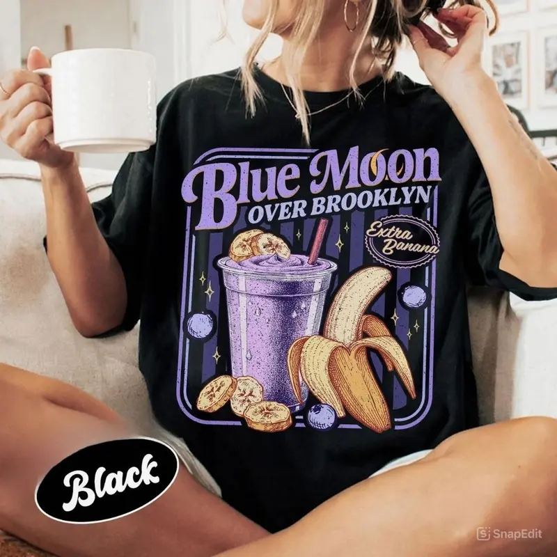 Vintage Blue Moon Over Brooklyn Extra Banana Smoothie Graphic Round Neck Tee for Heated Rivalry Fans Hockey Romance Spicy Scene Daily Casual Wear Unisex Short Sleeve Soft Cotton Printed Shirt, Apparel Made In The USA FG5