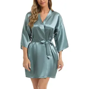 Womens Kimono Robes Dressing Gown Satin Bathrobe Nightdress Short Style Bridal Robe