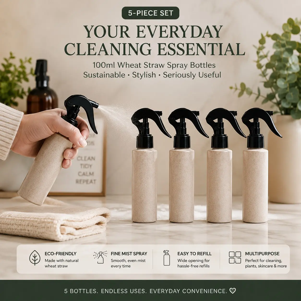 5-Pack Refillable Wheat Straw Spray Bottles 100ML, Fine Mist Trigger Sprayer for Plants, Hair, Skincare, Cleaning, Household & Home Use