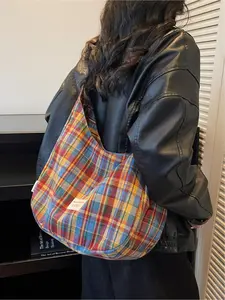 Retro plaid underarm bag, spring/summer canvas relaxed style shoulder bag, Crossbody Tote Bag, Commuter Crossbody Bag, Hobo shoulder bag, multi-color casual large capacity bag, suitable for dates, work, commuting, shopping