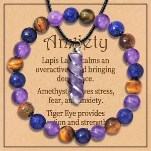 Christmas Jewellery Set, 2PCS Anxiety Hexagonal Necklace and Natural Gemstones Amethyst Yellow Tiger Bracelet, Natural Gemstones Bracelets Jewelry Gifts