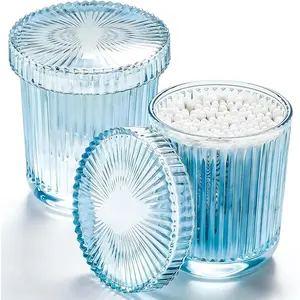 Glass Qtip Dispenser 2 Pack, Clear Bathroom Storage Organizer for  Swabs, Balls, Pads & Floss Picks,  Makeup Essential Accessories (Blue)