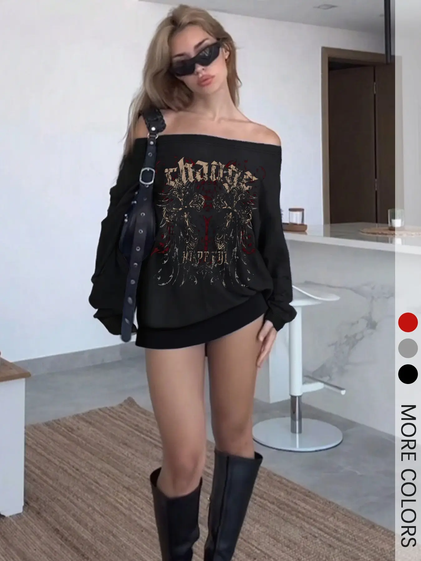 Women's Casual Asymmetrical Neck Fitted Long Sleeve Knit Sweatshirt Tops, Graphic Knitwear, Asymmetrical Neckline, Fall & Winter Streetwear, Y2K Style, Cross Print, Wing Print, Perfect for Outdoor Wear