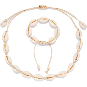 2 Shell Necklace Anklet for Women Handmade Adjustable Puka Beach Shell Necklace Set