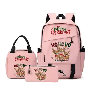 Christmas Theme Three-Piece Backpack Set, Cute Reindeer Print, Adjustable Straps, Soft Material, Large Capacity, Ideal Gift
