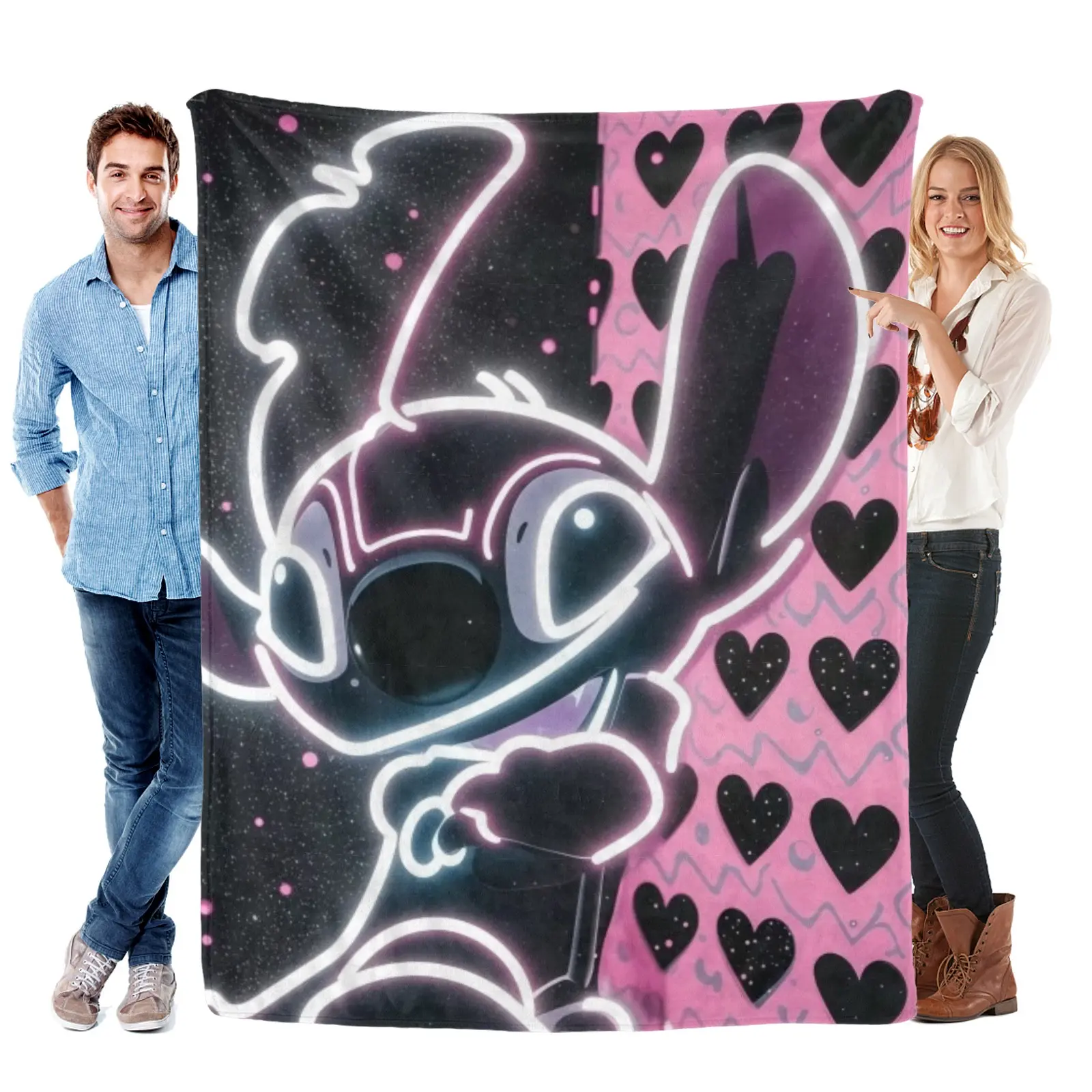 Disney Stitch Neon Split Heart Blanket, Soft Flannel Disney Blanket For Stitch Bedding Teen Bedroom Decor, Young Girls