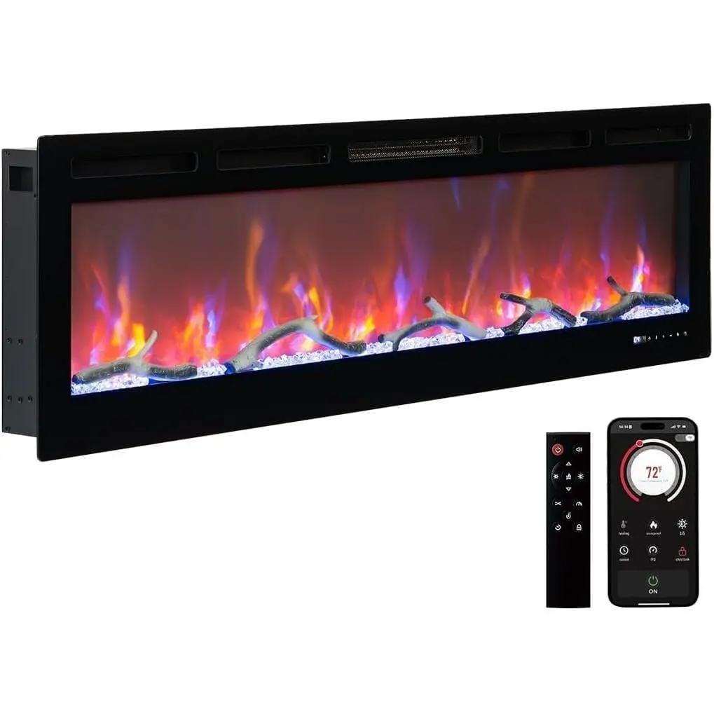GARVEE 90-Inch Built-In Electric Fireplace, Wall-Mounted Heater, 12 Flame Flicker Effects, Remote Control/Touchscreen/Brightness Adjustment, Low Noise, Suitable for Bedrooms & Living Rooms, Black, Smartphone, 50"W X 18"H