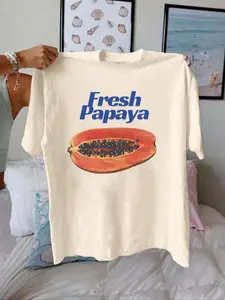 Women's Papaya Print Round Neck Tee, Fashion Casual Crew Neck T-Shirt for Daily Holiday Vacation Outdoor Wear, Ladies Clothes for Summer, Top