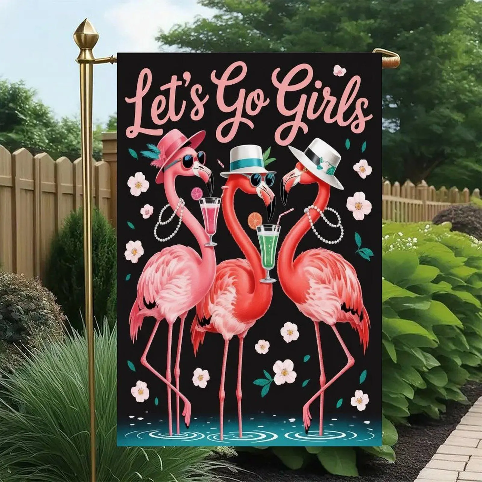 Let’s Go Girls Three Party Flamingo Cocktail Straw Hat Tropical Black Background Summer Garden Flag Double-Sided 12x18in, Girl Squad Beach Funny Lawn Decor Sign