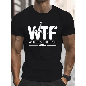 Men's Geometric Print with Text 'WTF WHERE's THE FISH?' Graphic T-Shirt - 100% Cotton black Short Sleeve Crew Neck Regular Fit Casual Wear | Soft & Breathable Fabric, Durable Print, Everyday Comfort, Machine Washable, Casual Summer