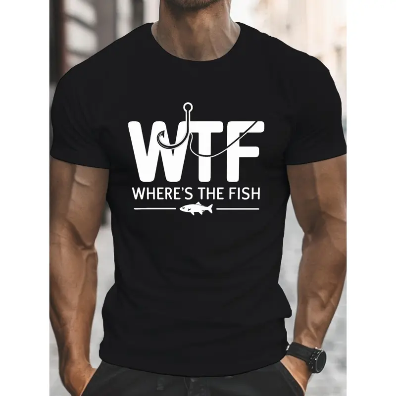 Men's Geometric Print with Text 'WTF WHERE's THE FISH?' Graphic T-Shirt - 100% Cotton black Short Sleeve Crew Neck Regular Fit Casual Wear | Soft & Breathable Fabric, Durable Print, Everyday Comfort, Machine Washable, Casual Summer