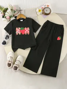 Strawberry Girl Sweet Style Girls' Set, Mother's Day Strawberry Mom Print, Skin-Friendly Wide Leg Pants, School & Outing Wear, Ages 8 & Below