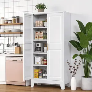 Aobabo Heavy Duty Cold Rolled White Steel Kitchen Pantry Cabinet with Doors - Tall Floor-Standing Modern Farmhouse Utility Cupboard, Adjustable Shelf, for Home Food Organization, Assembly Required