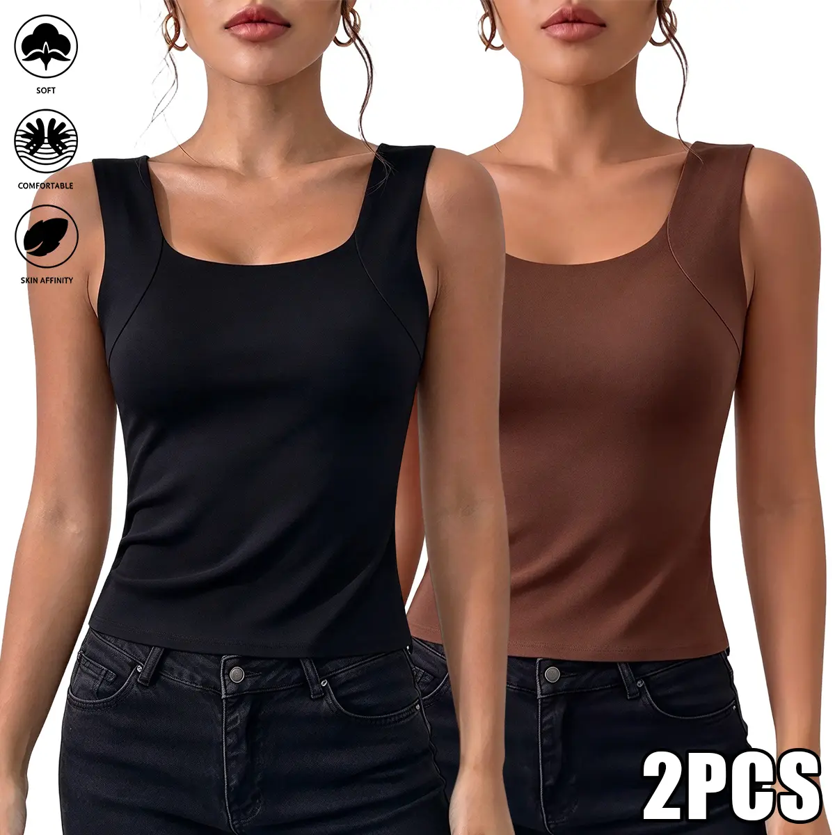 Women's 2-Piece Seamless Shaping Tank Tops - Casual Wear, High-Waisted Tummy Control, High-Support Abdominal Workout, Lightweight Breathable Ribbed, Compression Top Women's Tanks & Camis